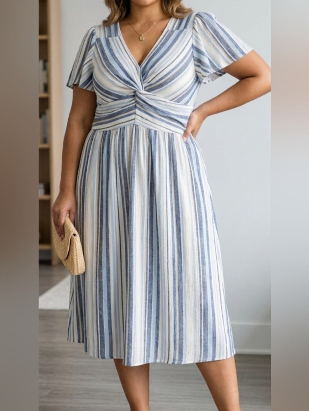 Striped Twist-Front Midi Dress - Blue & White (Sz 1X) Plus Summer Event Comfort